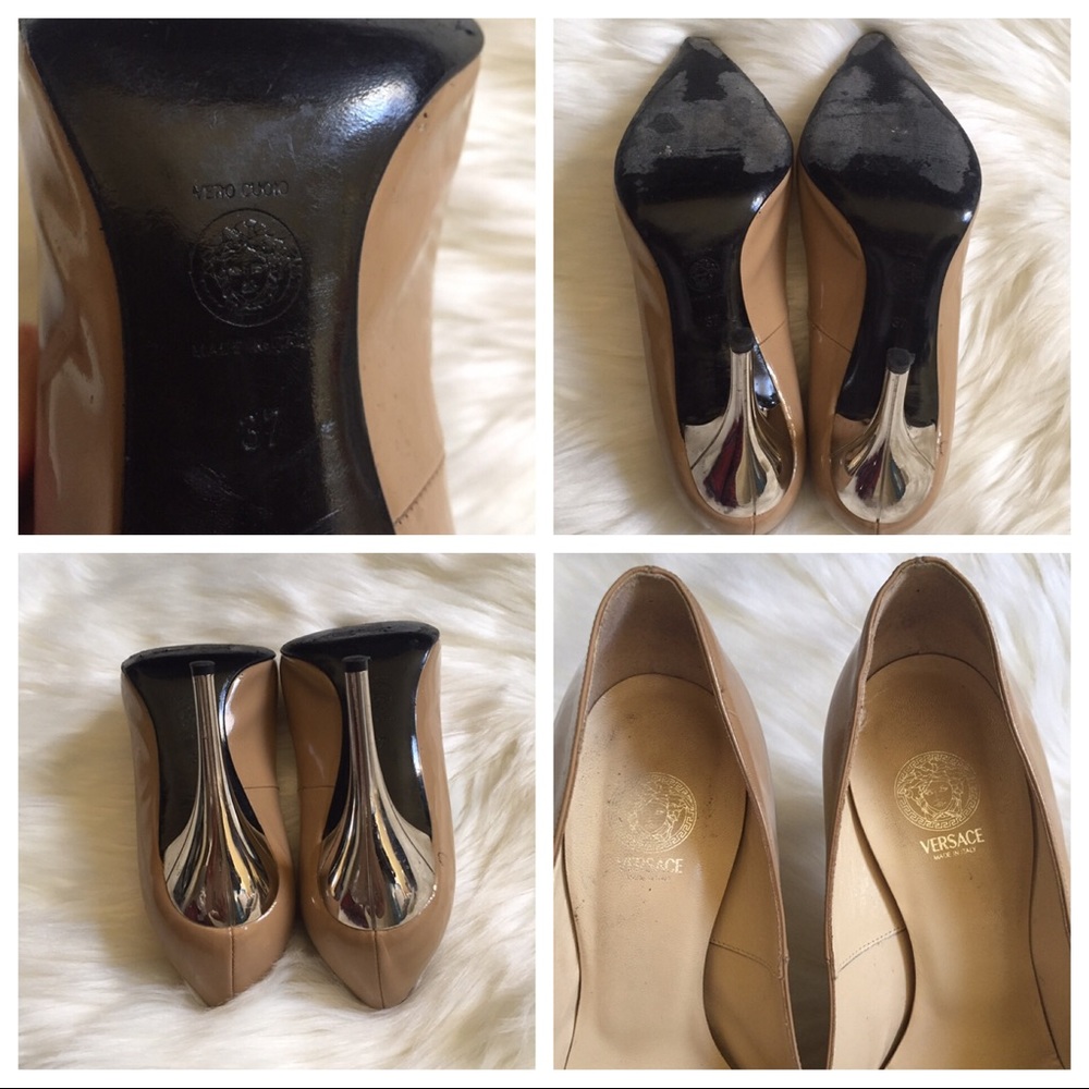 Versace Nude Patent Pointed Toe Stiletto Pumps with Metallic Heels - Picture 6 of 8